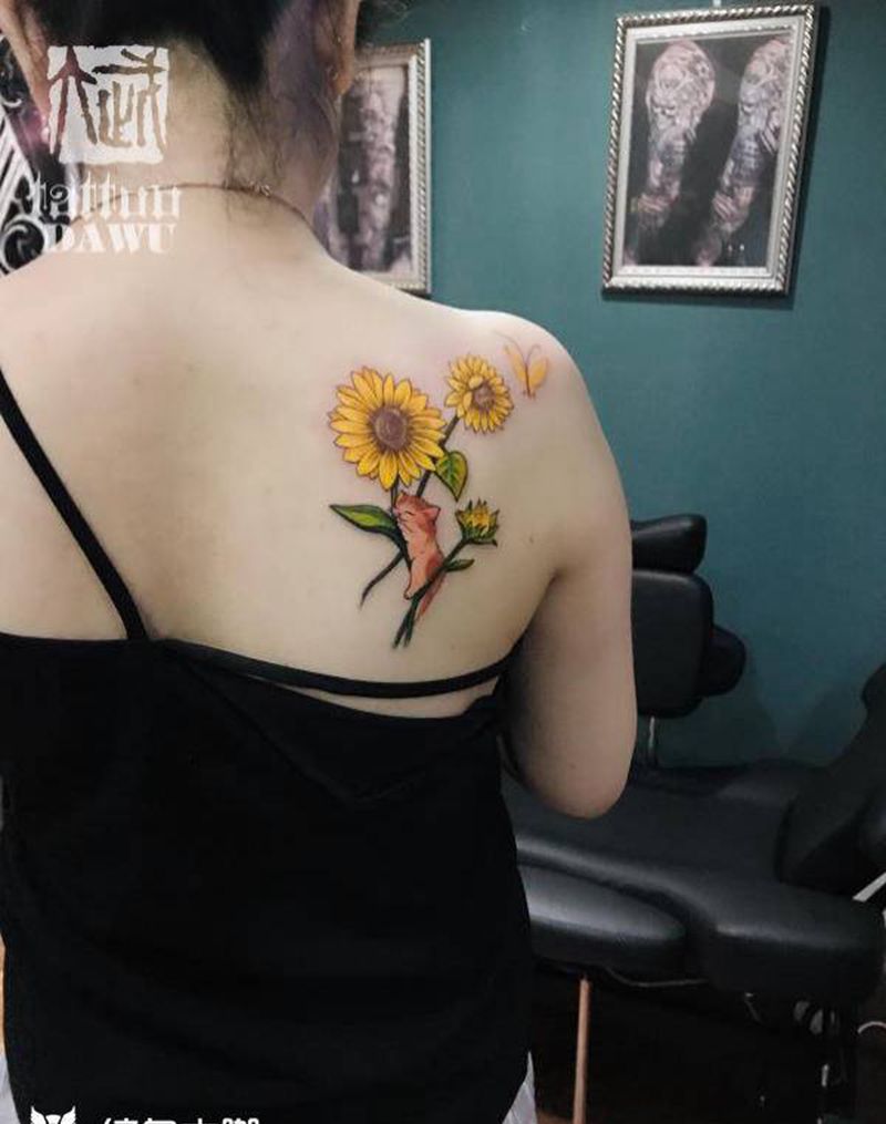 原创向日葵纹身图片_肩部背部小清新纹身图案