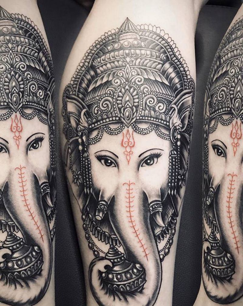 象神纹身图片_腿部新传统象神纹身图案