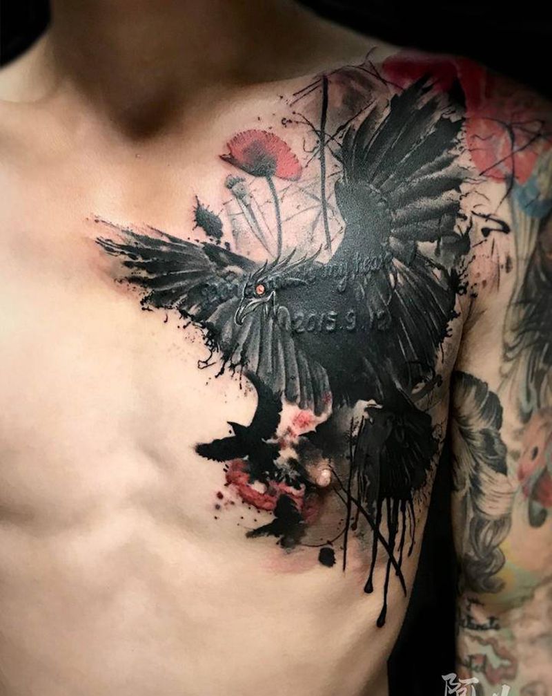 乌鸦 遮盖纹身纹身图片_胸部水墨纹身图案