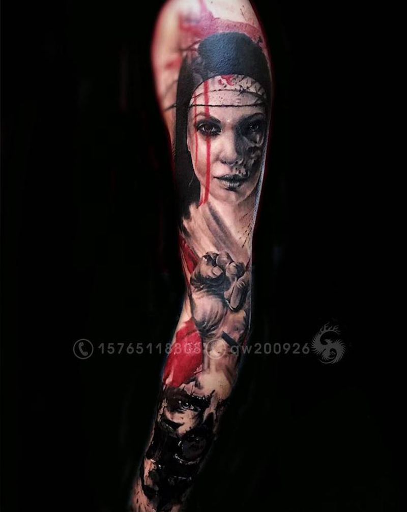 欧美花臂纹身图片_手臂欧美写实水墨纹身图案