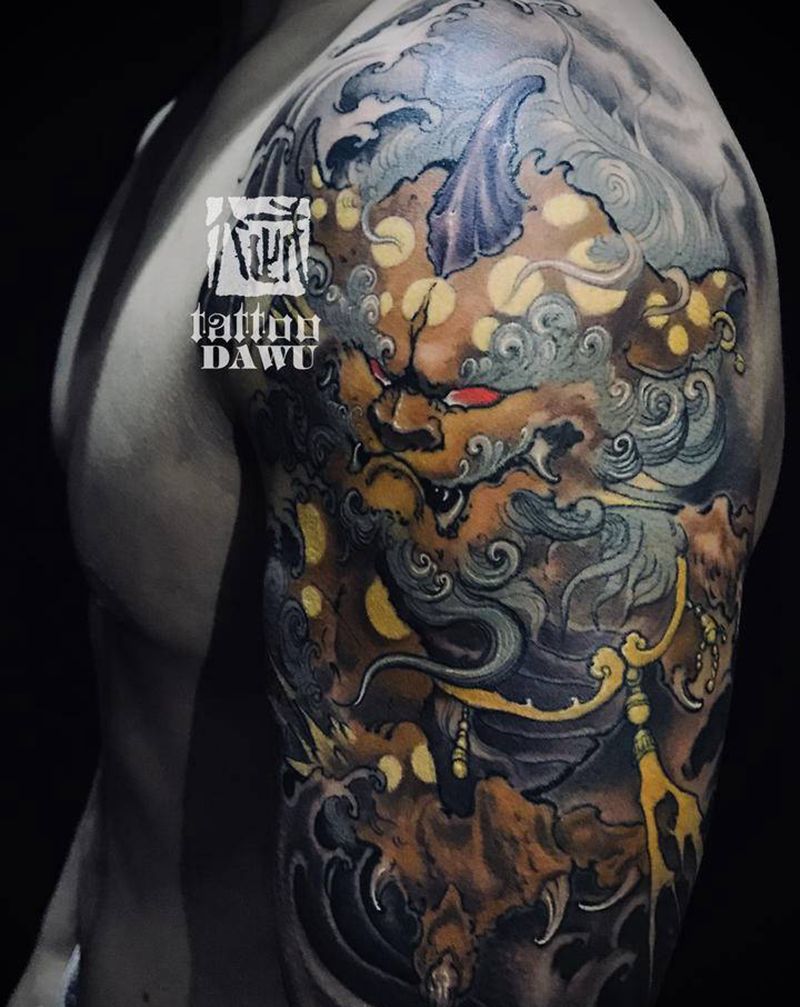 唐狮子纹身图片_手臂新传统唐狮子福狮狮子纹身图案