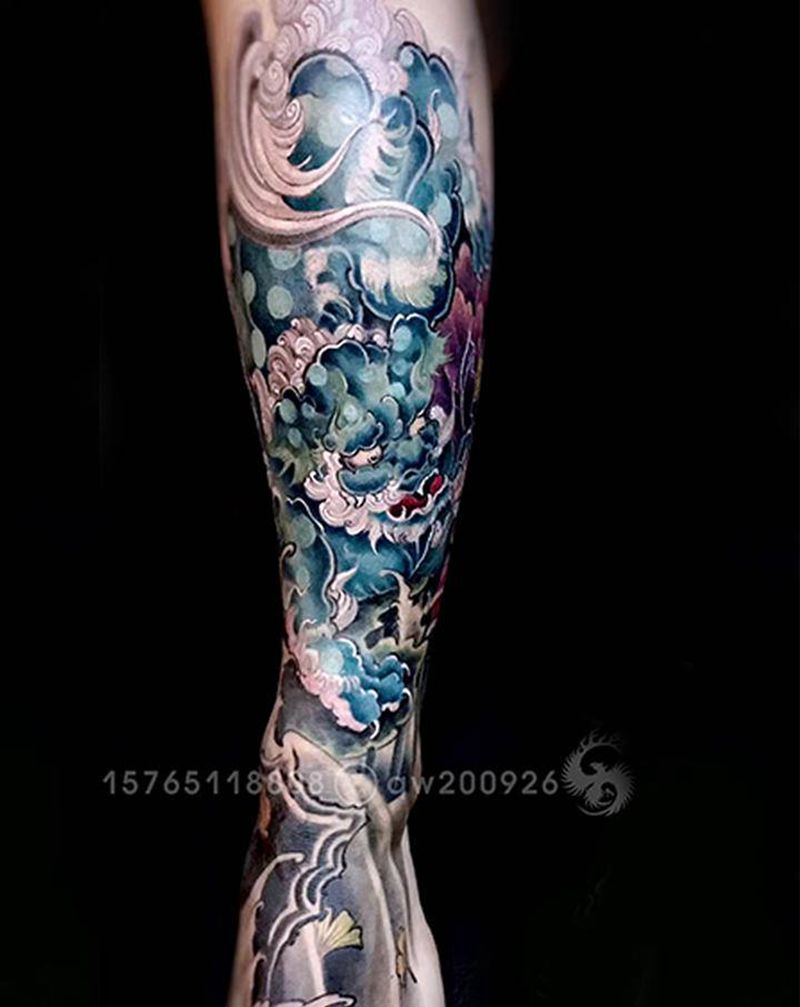 唐狮子纹身图片_腿部脚部新传统纹身图案