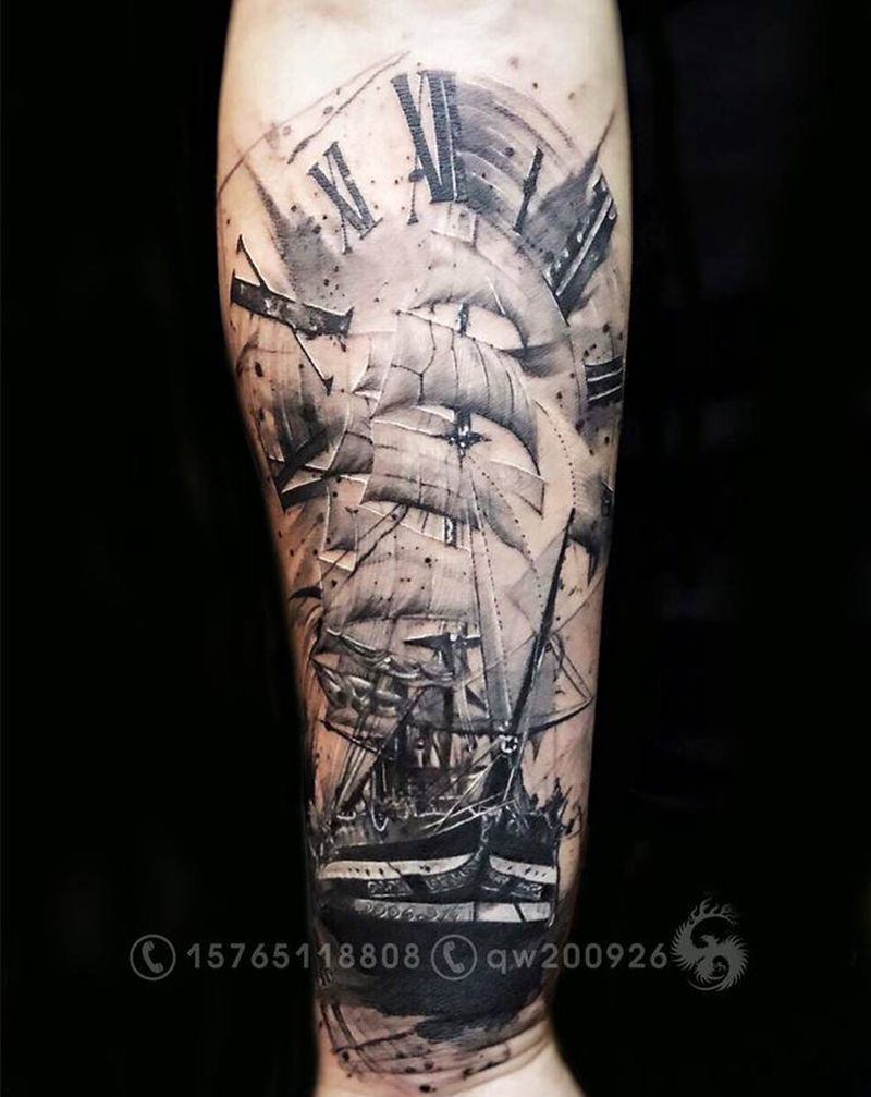 帆船纹身图片_手臂欧美写实纹身图案