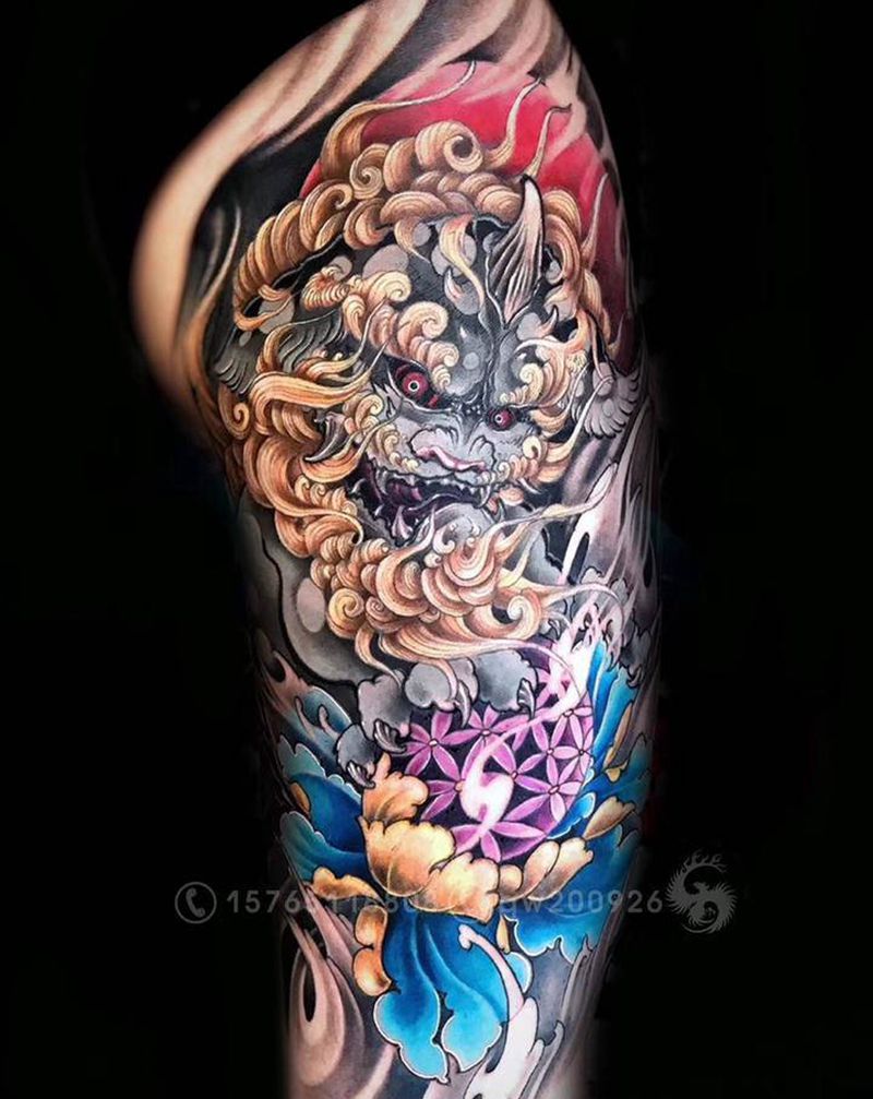 唐狮子纹身图片_腿部新传统纹身图案