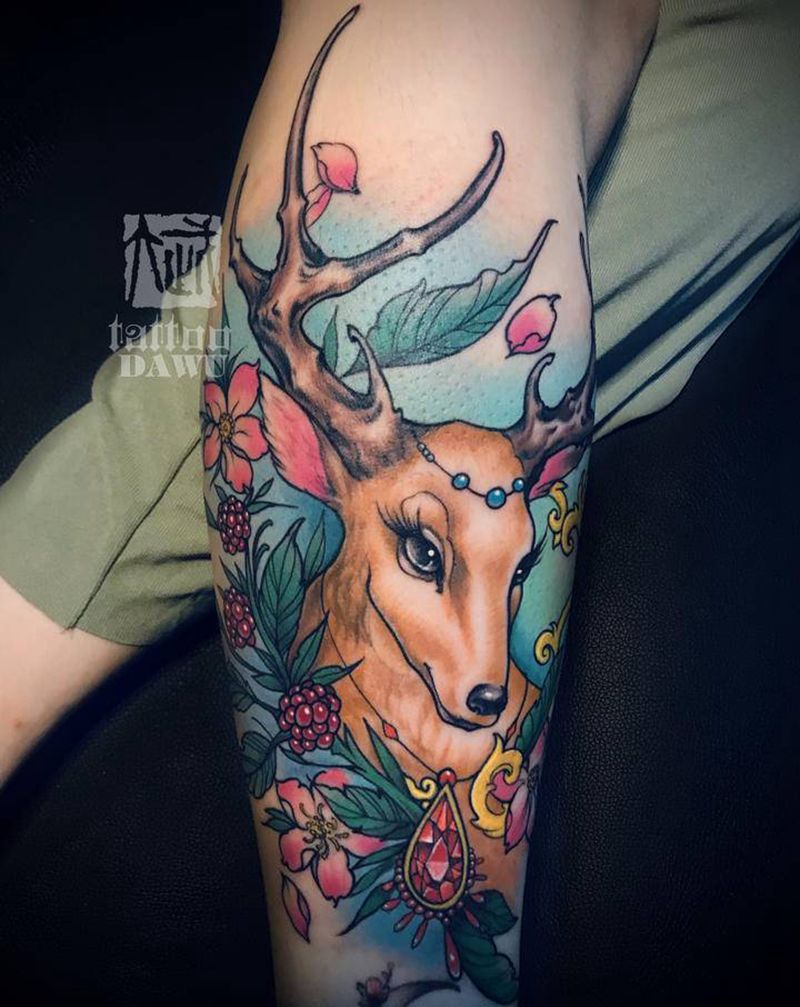 生财有鹿（鹿同路同禄）纹身图片_腿部新传统New School鹿纹身图案