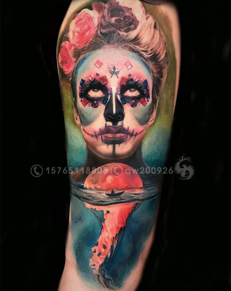 成功之路纹身图片_腿部欧美写实纹身图案