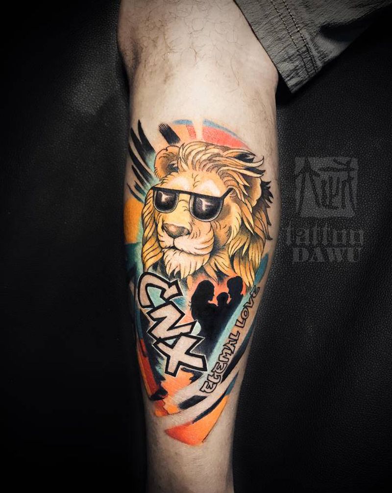 newschool狮子纹身图片_腿部New School狮子纹身图案
