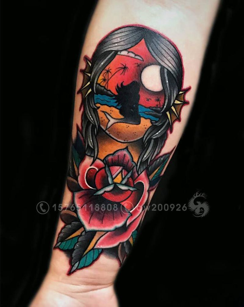 美人鱼纹身图片_手臂Old School纹身图案