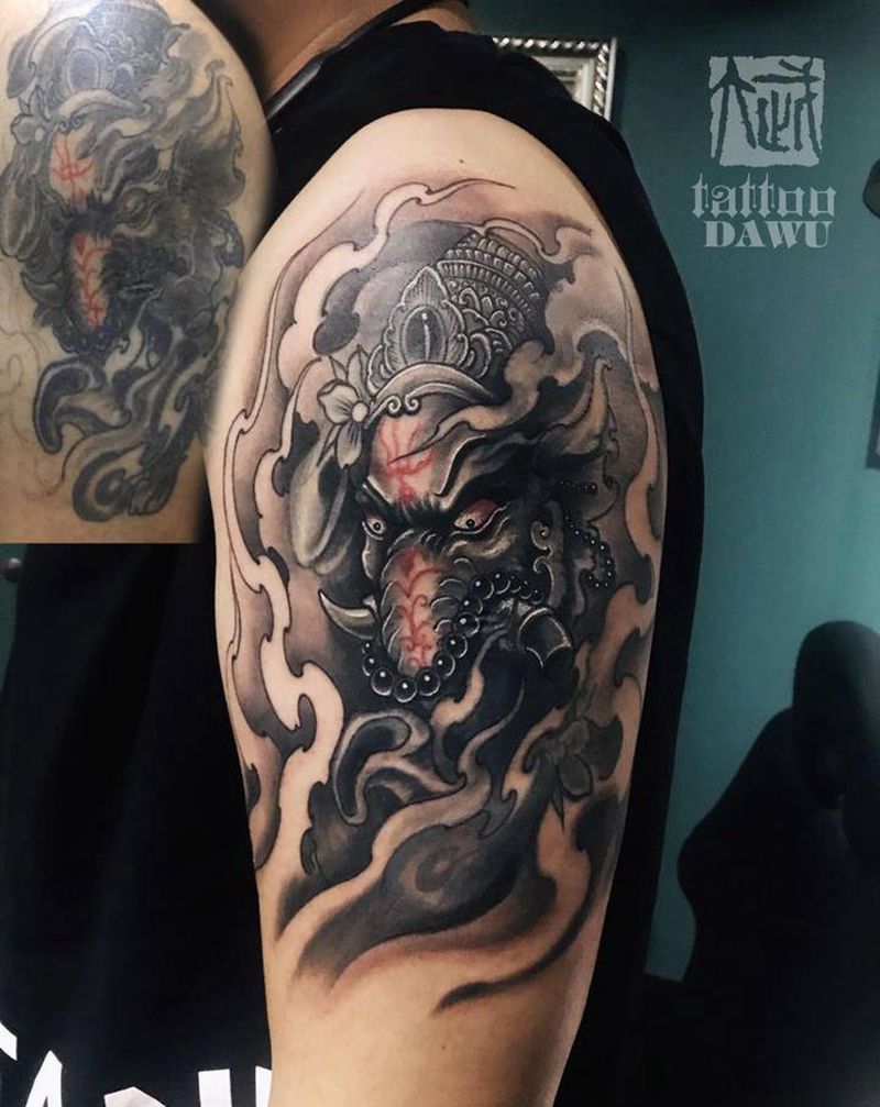 精修象神纹身图片_肩部精修遮盖纹身图案