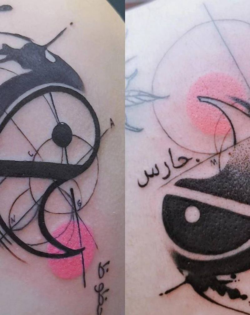 双鱼座纹身图片_背部手臂水墨点刺星座纹身图案