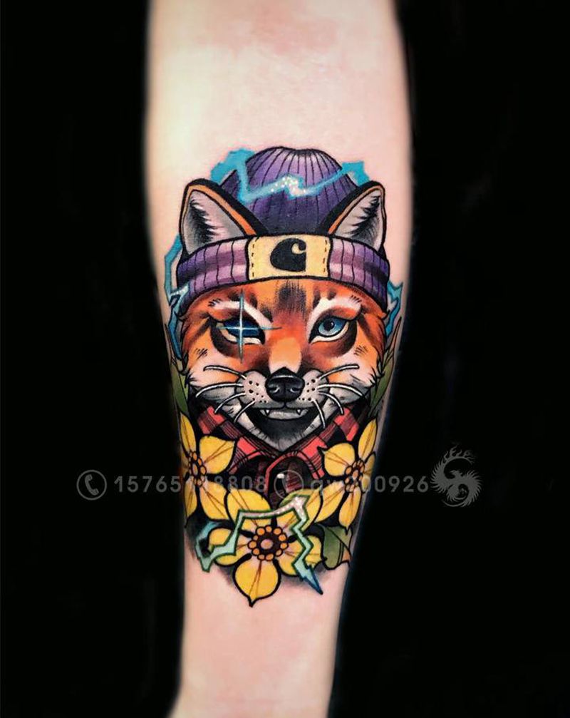 狐狸纹身图片_手臂New School纹身图案