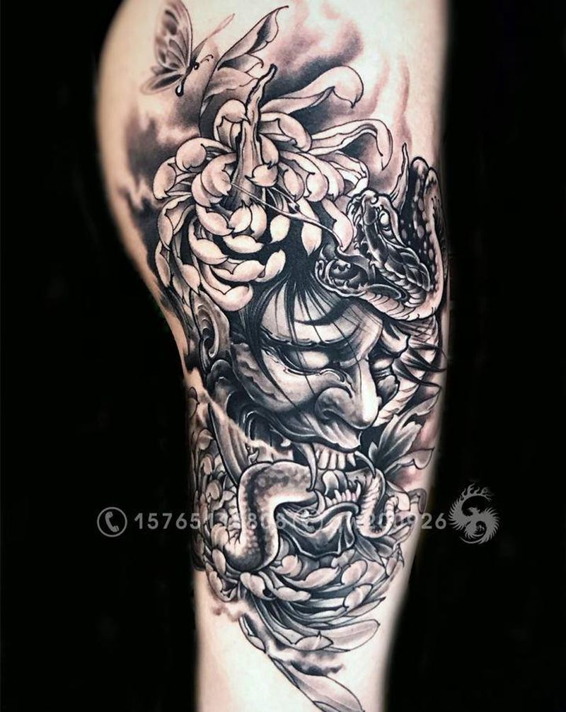 般若纹身图片_腿部新传统纹身图案