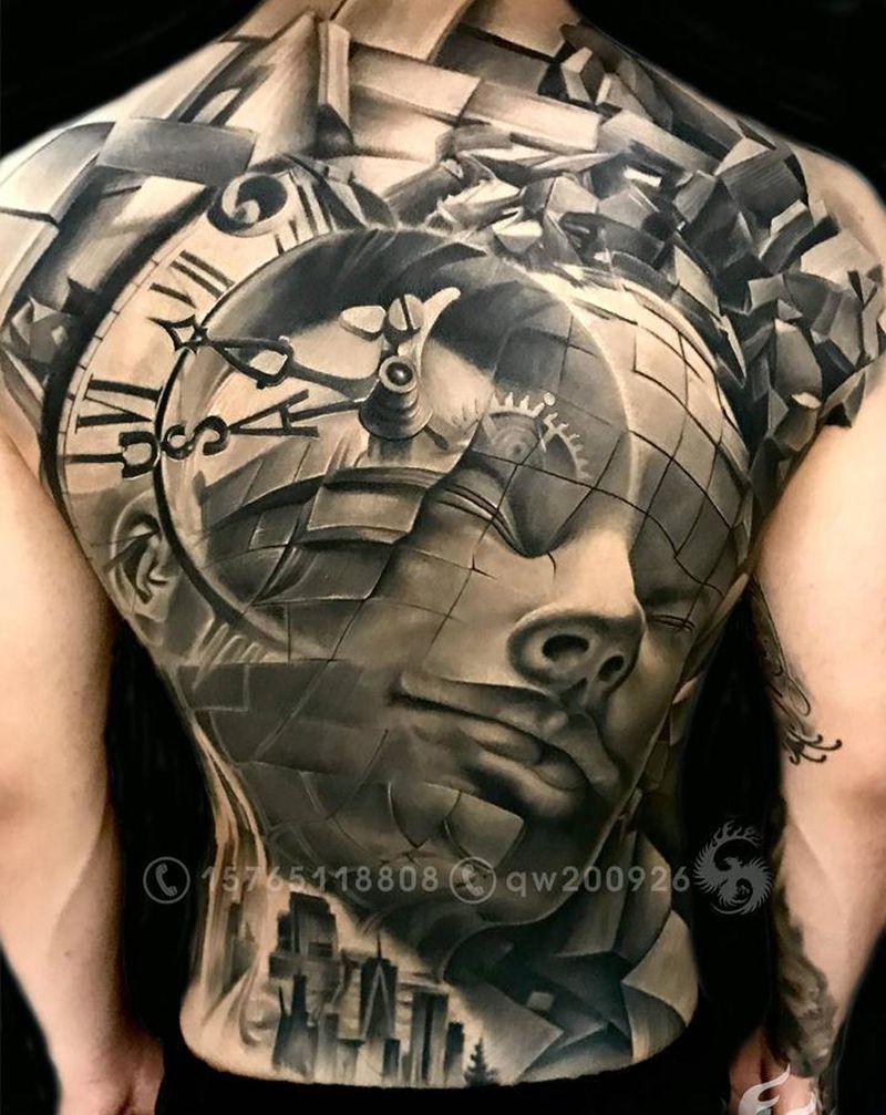 欧美建筑纹身图片_背部欧美写实纹身图案