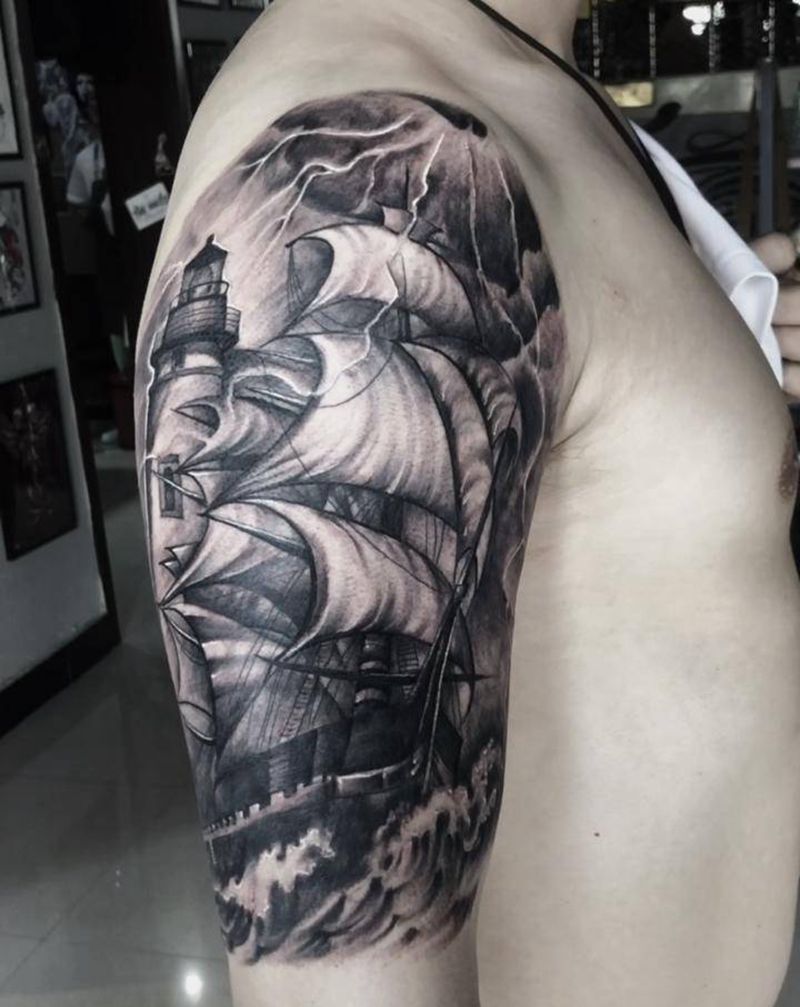 船纹身图片_腿部肩部欧美写实纹身图案