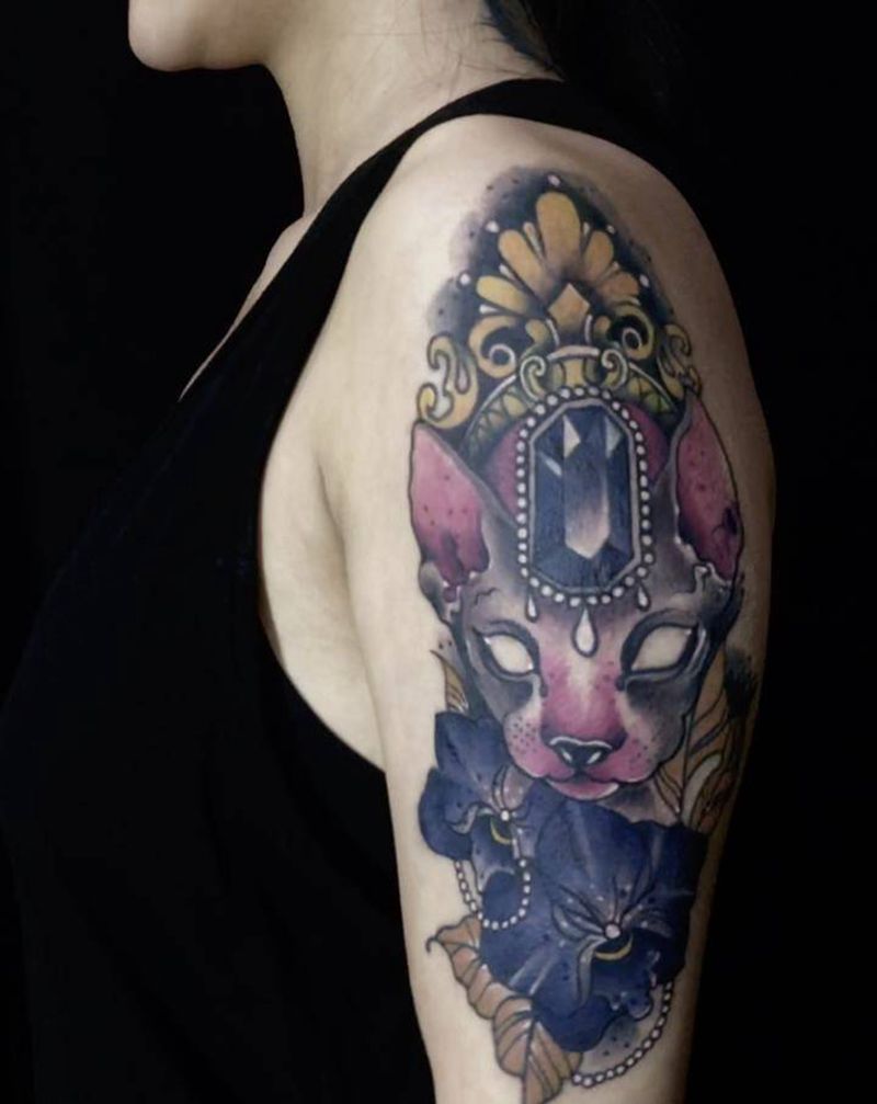 猫纹身图片_肩部腿部New School水彩纹身图案