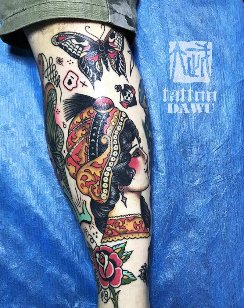 oldschoo包小腿纹身图片_腿部纹身图案