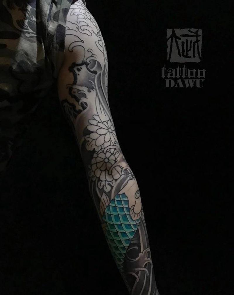 传统鱼花臂遮盖，未完成。纹身图片_手臂纹身图案