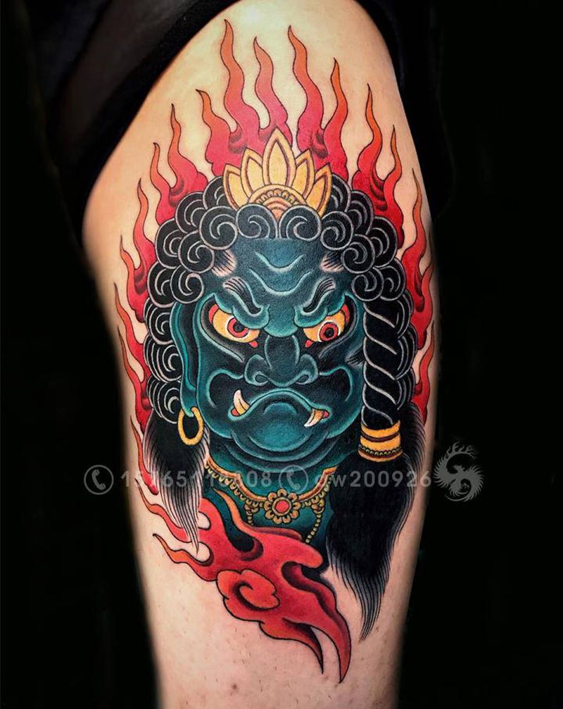 不动明王纹身图片_腿部老传统纹身图案