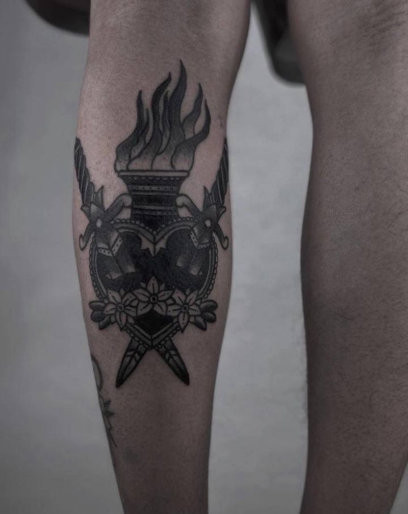 小腿拼接纹身图片_腿部Old School纹身图案