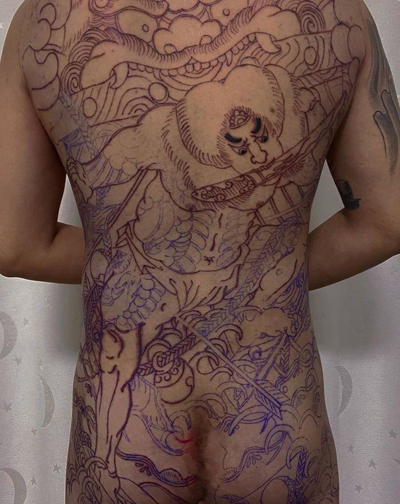 张顺破水门纹身图片_背部老传统纹身图案