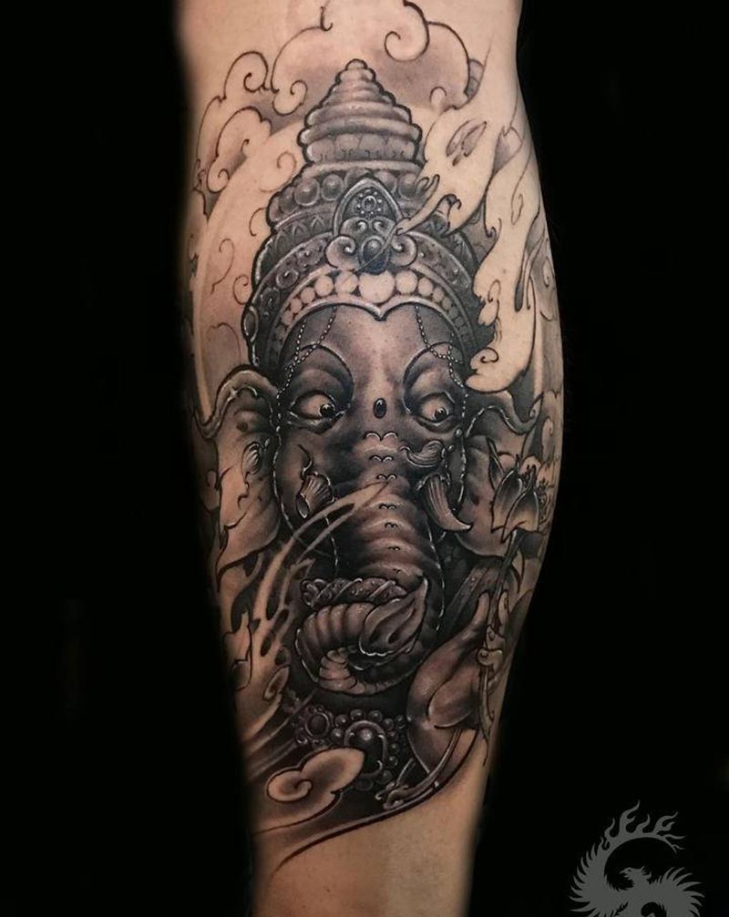 象神纹身图片_腿部新传统纹身图案