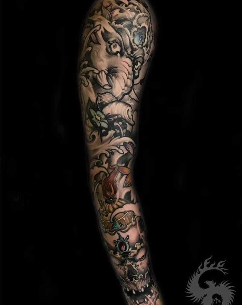 象神嘎巴拉纹身图片_手臂新传统纹身图案