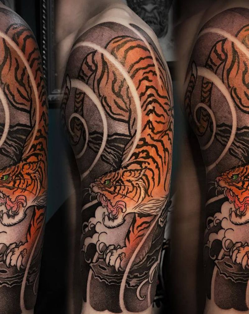传统老虎纹身图片_手臂老传统老虎纹身图案