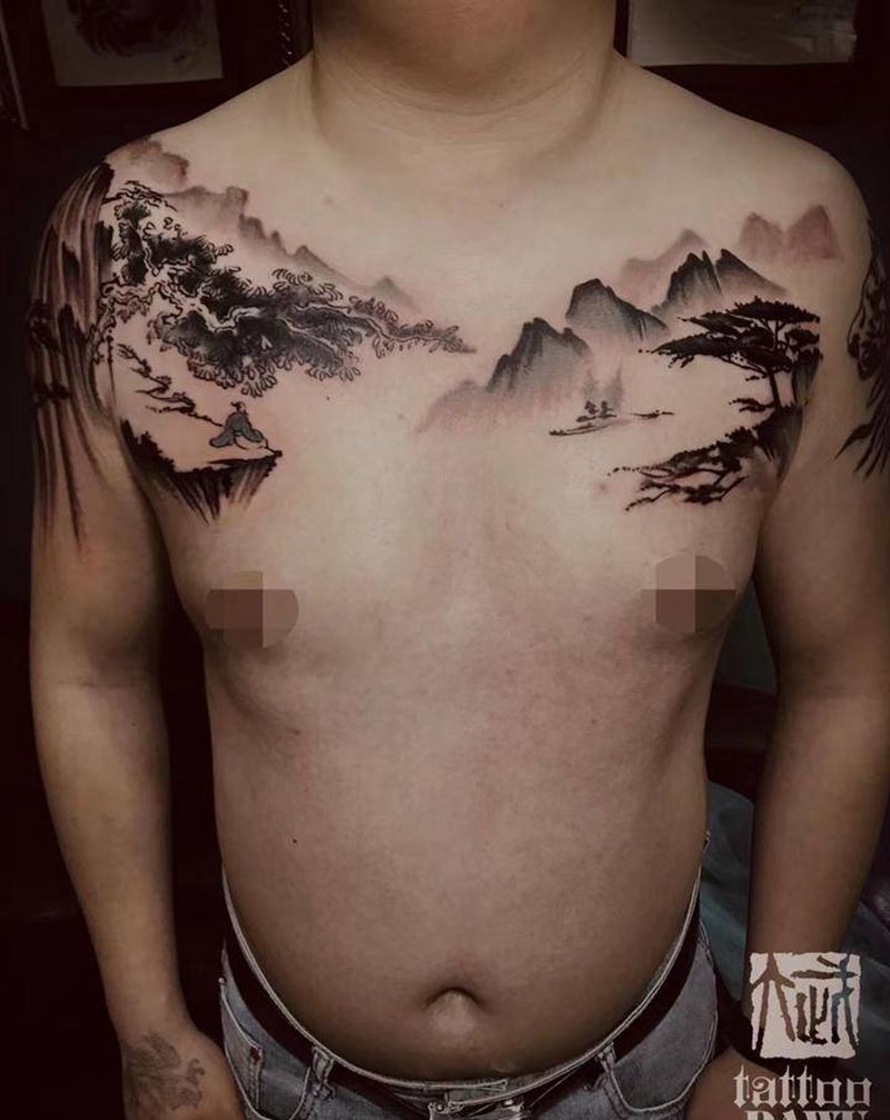 水墨山水纹身图片_胸部水墨山水纹身图案
