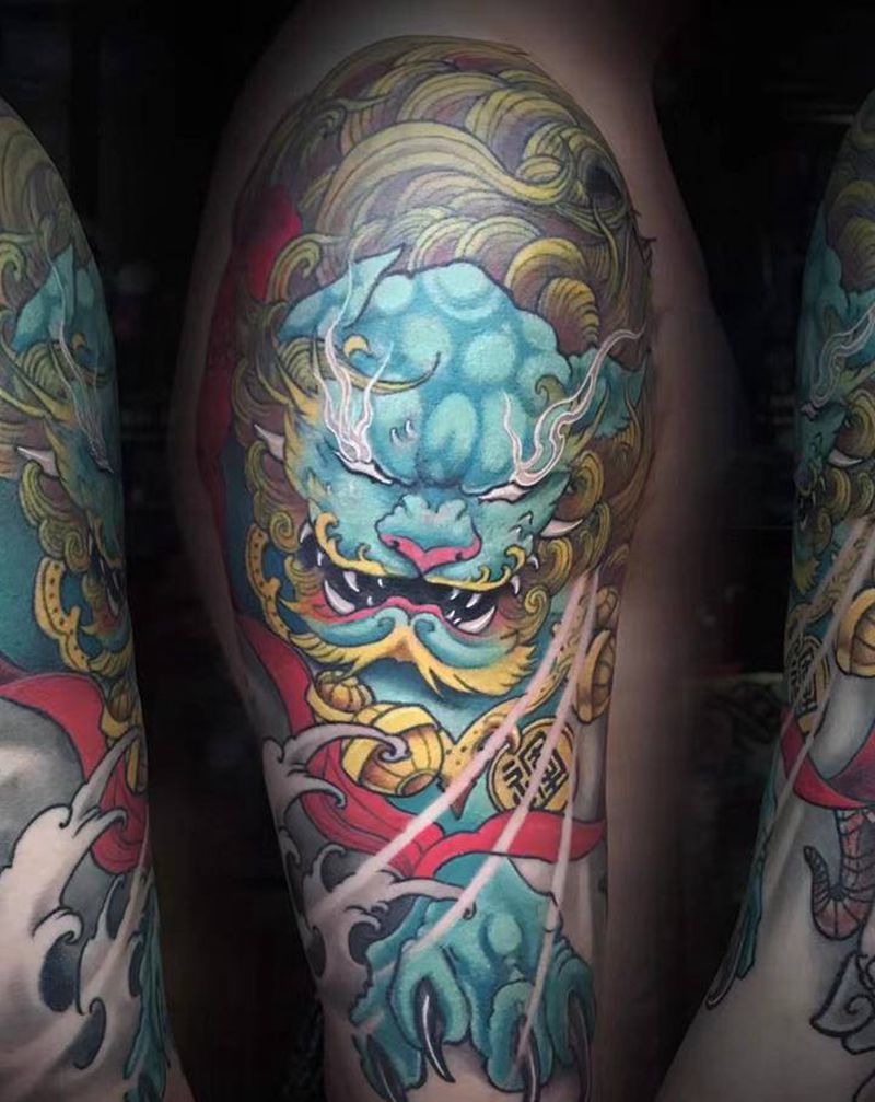 唐狮花臂待续纹身图片_手臂腿部新传统New School唐狮纹身图案