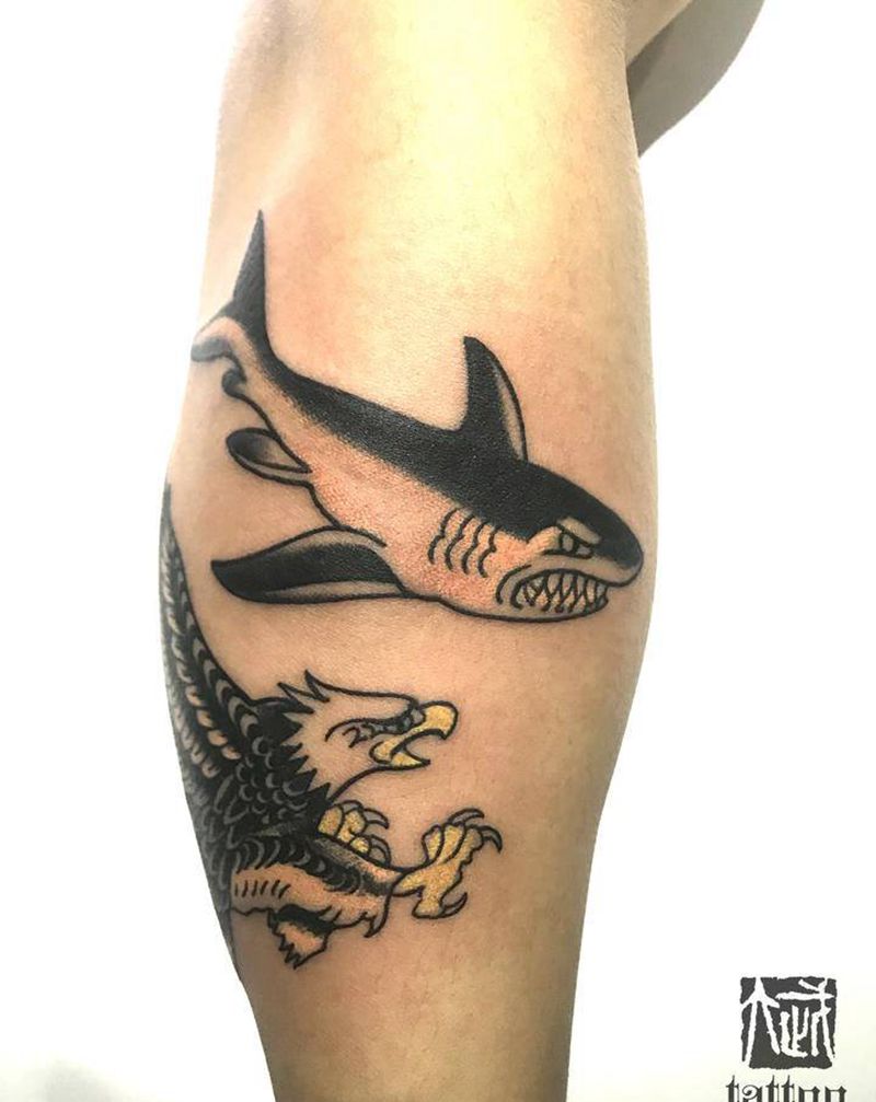 oldschool纹身图片_手臂腿部Old School老鹰鲸鱼纹身图案