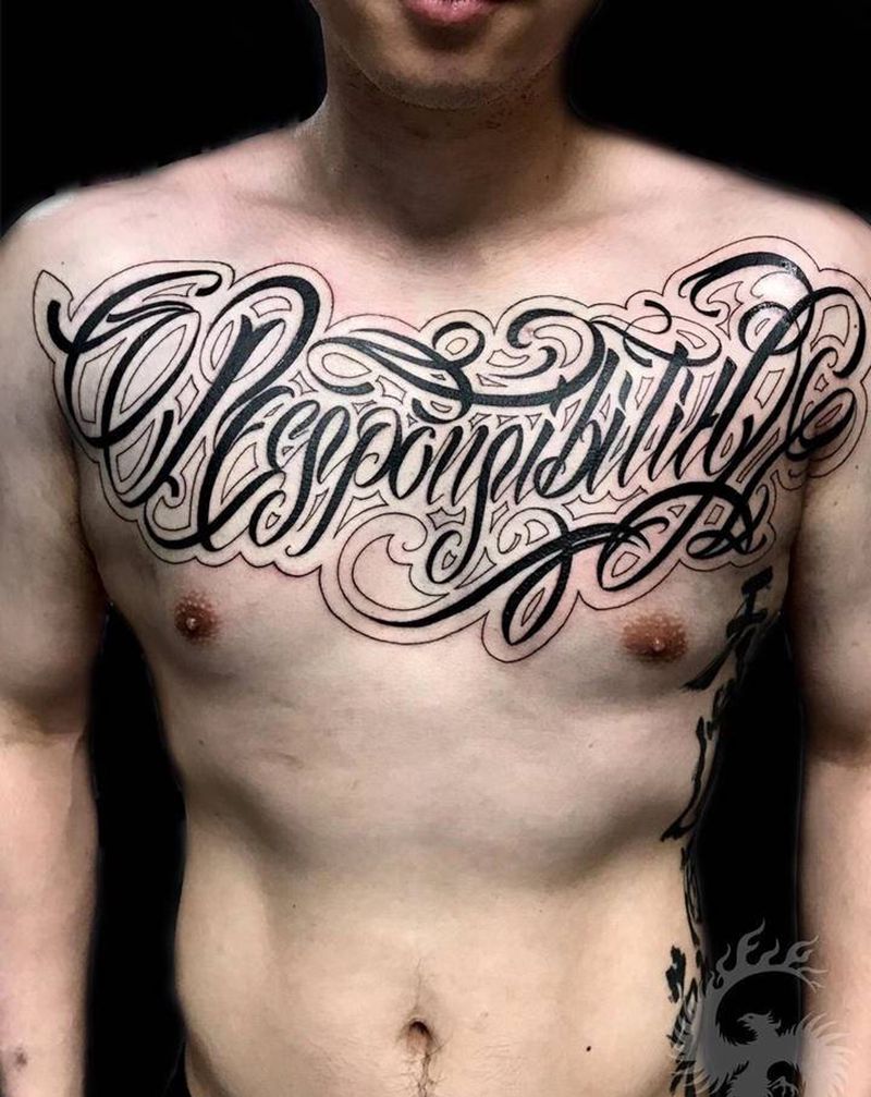 花体英文纹身图片_胸部花体字纹身图案