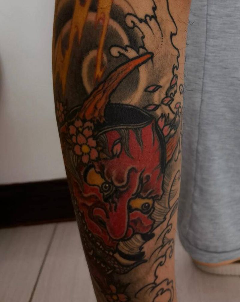 红色般若，恢复后纹身图片_腿部新传统老传统纹身图案