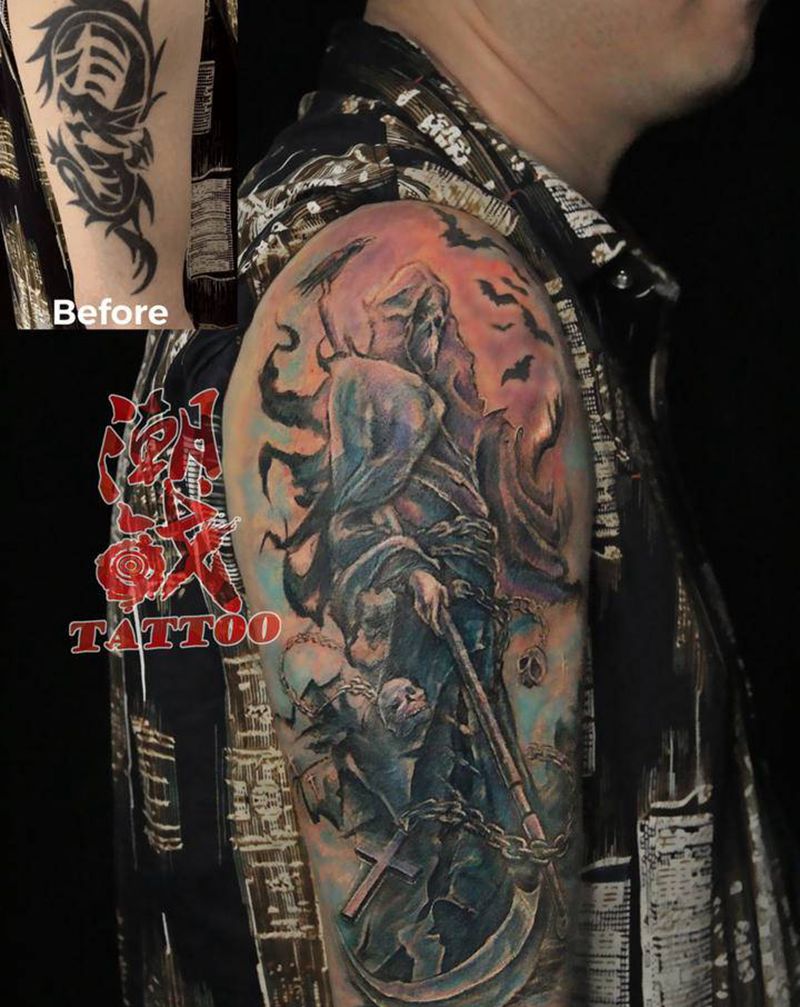 死神遮盖纹身图片_手臂欧美写实New School遮盖死神纹身图案