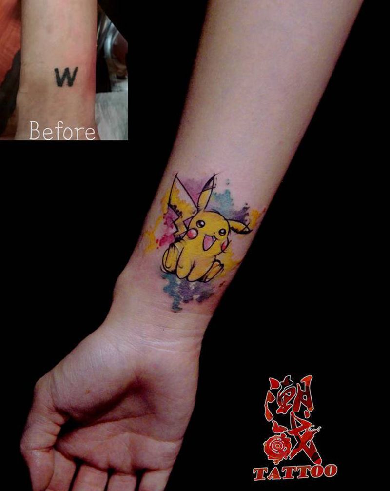 皮卡丘纹身图片_手臂New SchoolOld School遮盖卡通纹身图案