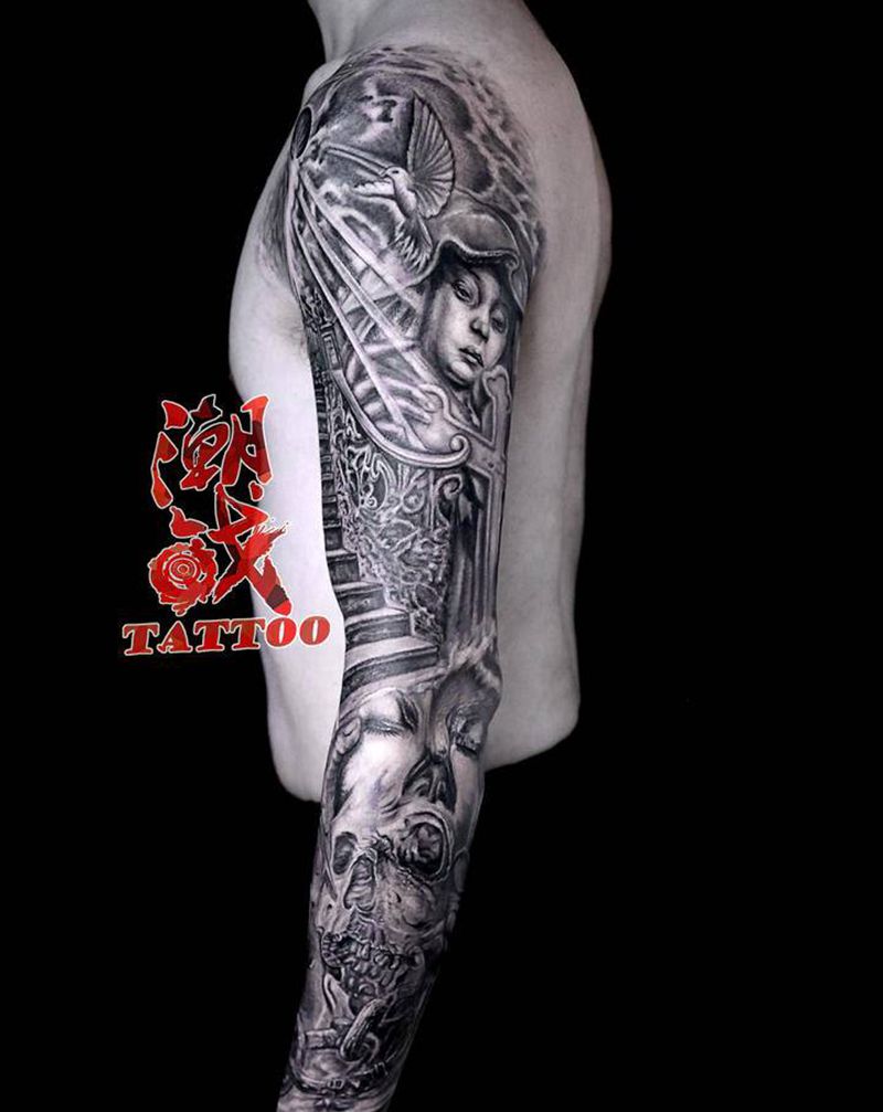 挣脱后的释然纹身图片_手臂欧美写实花臂纹身图案