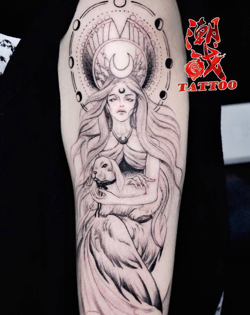 月神的守护纹身图片_手臂欧美写实新传统星座纹身图案