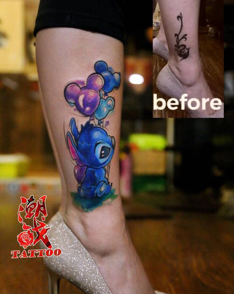 史迪奇遮盖纹身图片_腿部New School水彩遮盖纹身图案