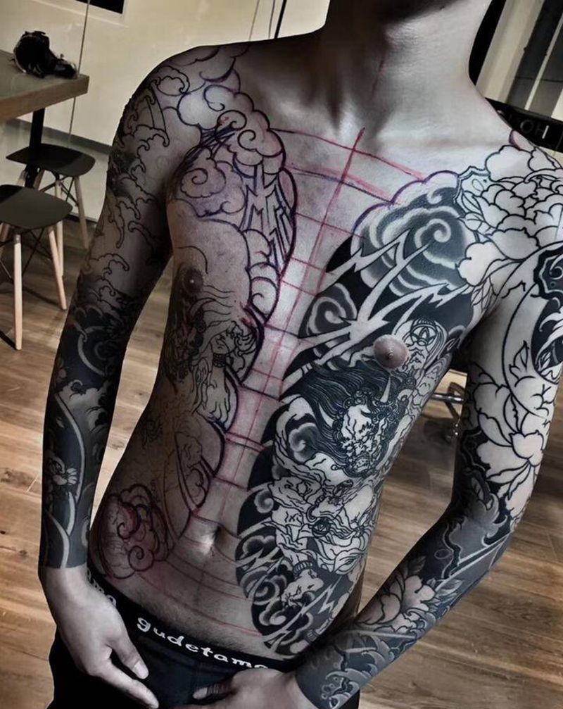 风神雷神开衫纹身图片_胸部臀部新传统纹身图案