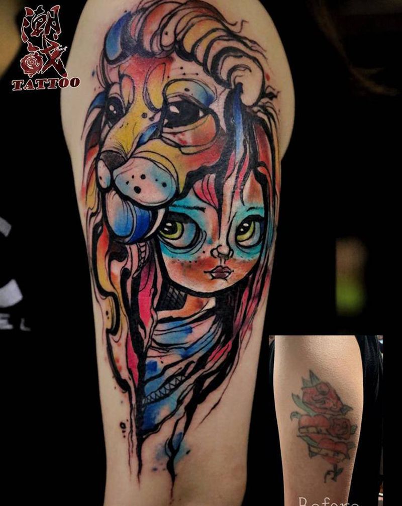少女与野兽纹身图片_手臂New School水墨遮盖纹身图案