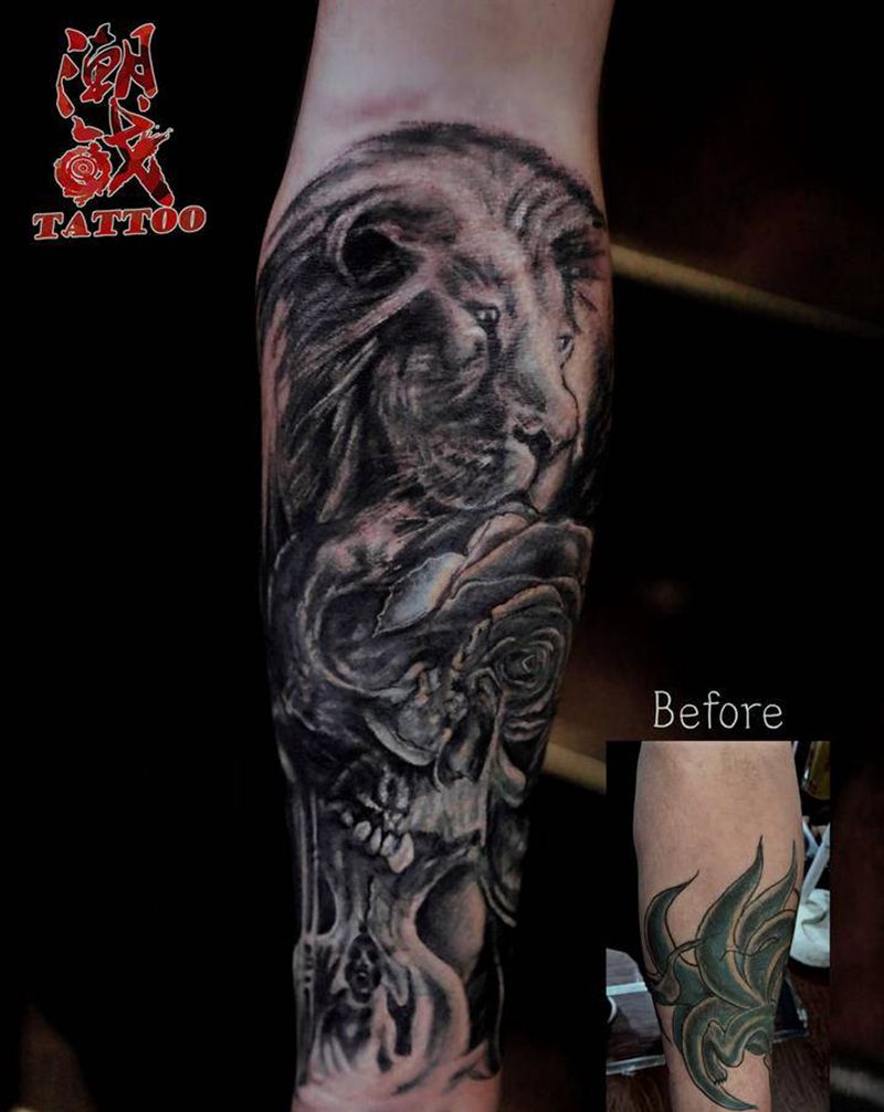 纹身遮盖纹身图片_手臂欧美写实Old School遮盖狮子骷髅纹身图案