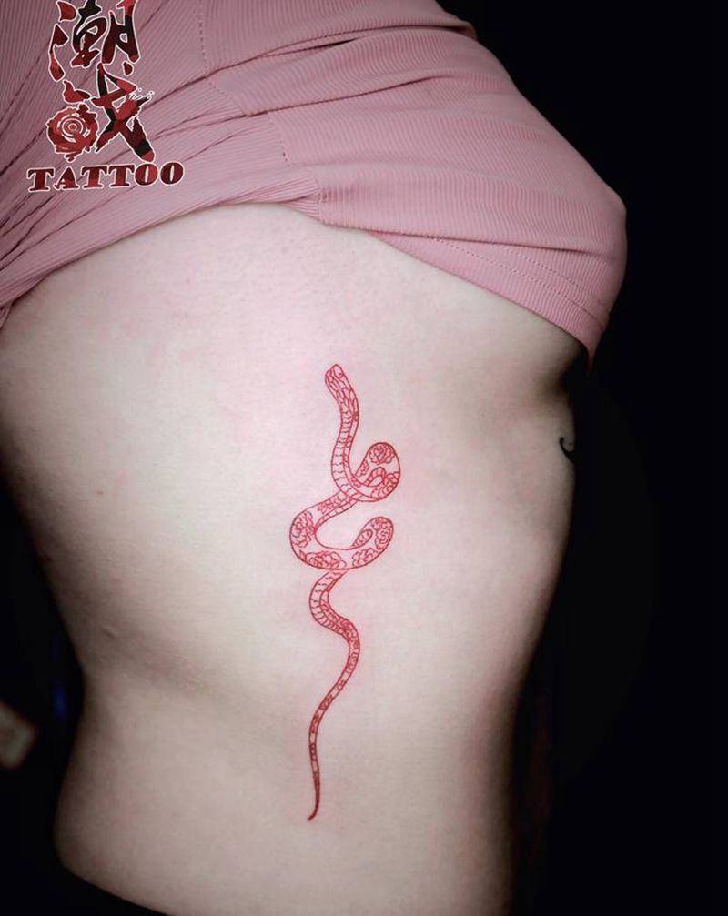 美女蛇纹身图片_腰部水彩Old School蛇纹身图案