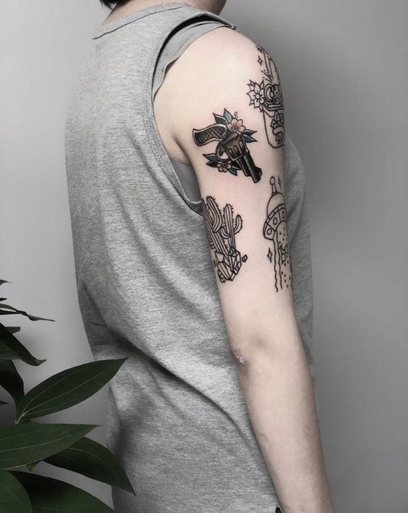 School拼接纹身图片_手臂肩部Old School纹身图案