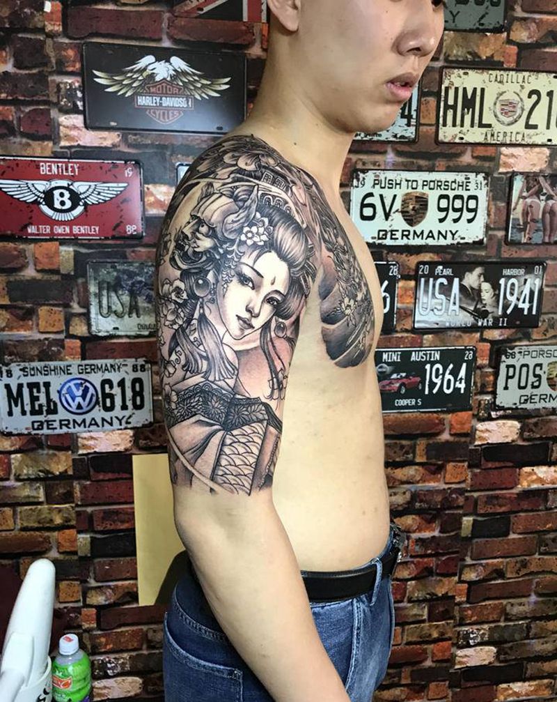 艺妓鬼武士半甲纹身图片_手臂胸部纹身图案