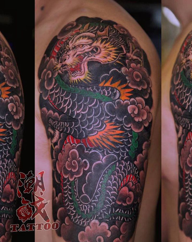 龙遮盖纹身图片_手臂老传统龙遮盖纹身图案