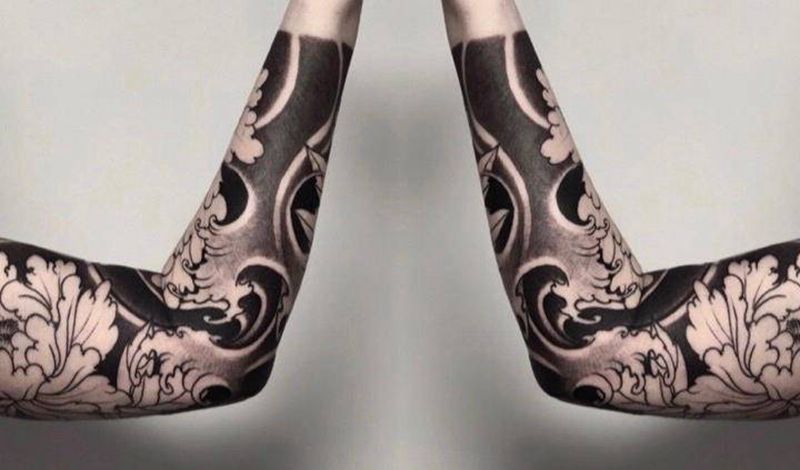 花臂衔接（大臂艺姬非本人作品）纹身图片_手臂新传统纹身图案