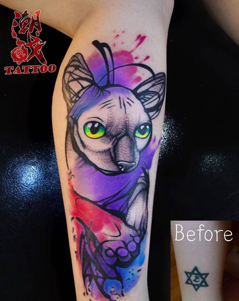 纹身遮盖纹身图片_手臂New School点刺遮盖斯芬克斯纹身图案