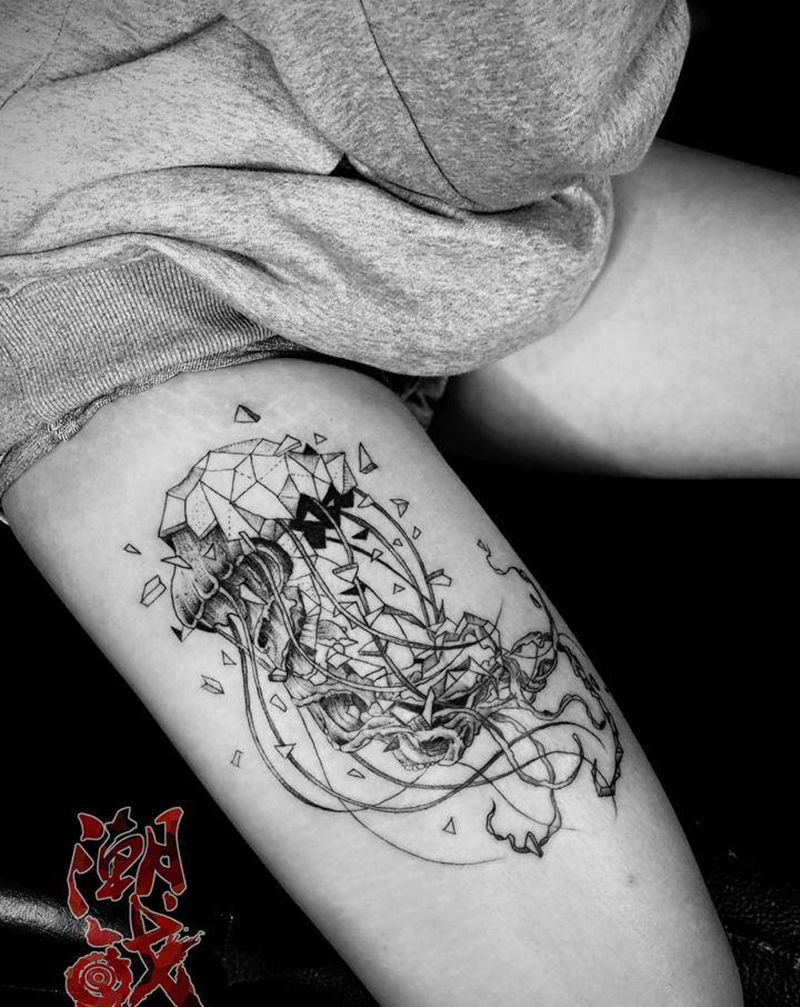 几何水母纹身图片_腿部几何点刺水母纹身图案