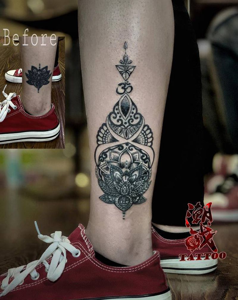 纹身美化纹身图片_腿部点刺几何曼陀罗纹身图案