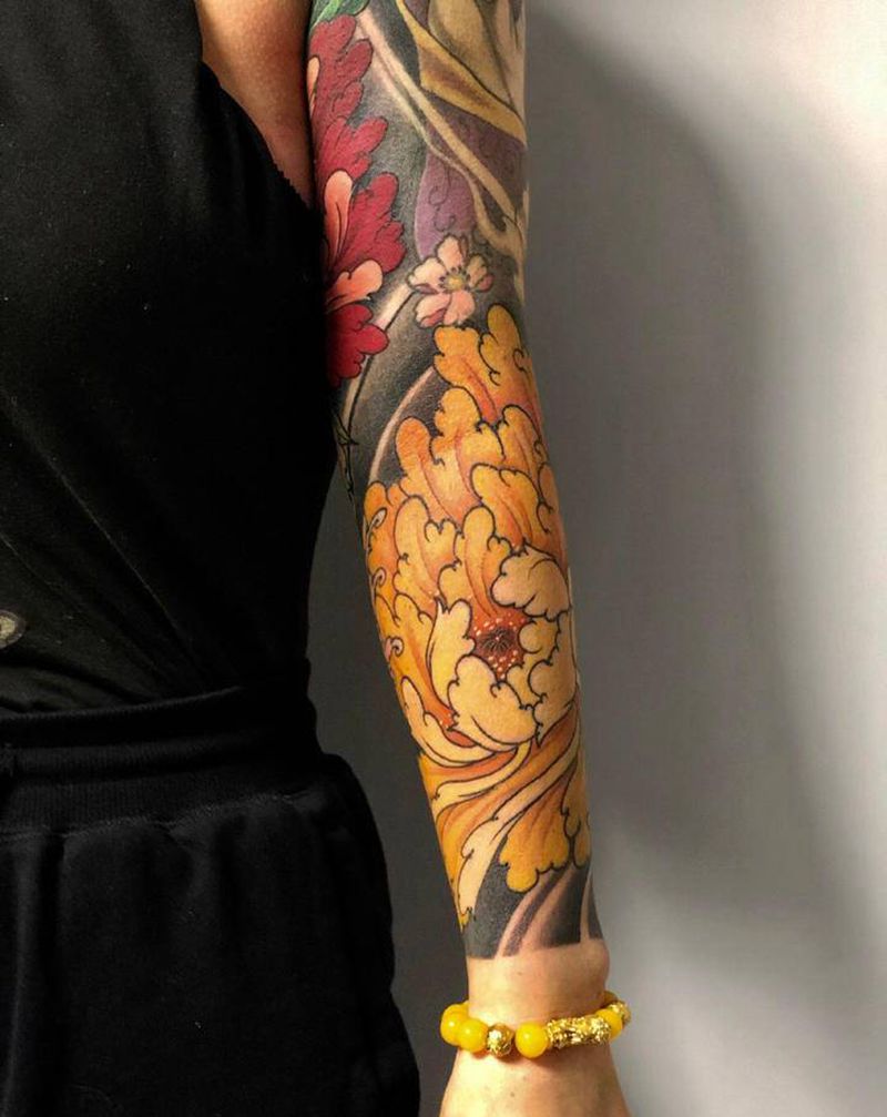 牡丹（大臂外侧非本人作品）纹身图片_手臂新传统原创纹身图案