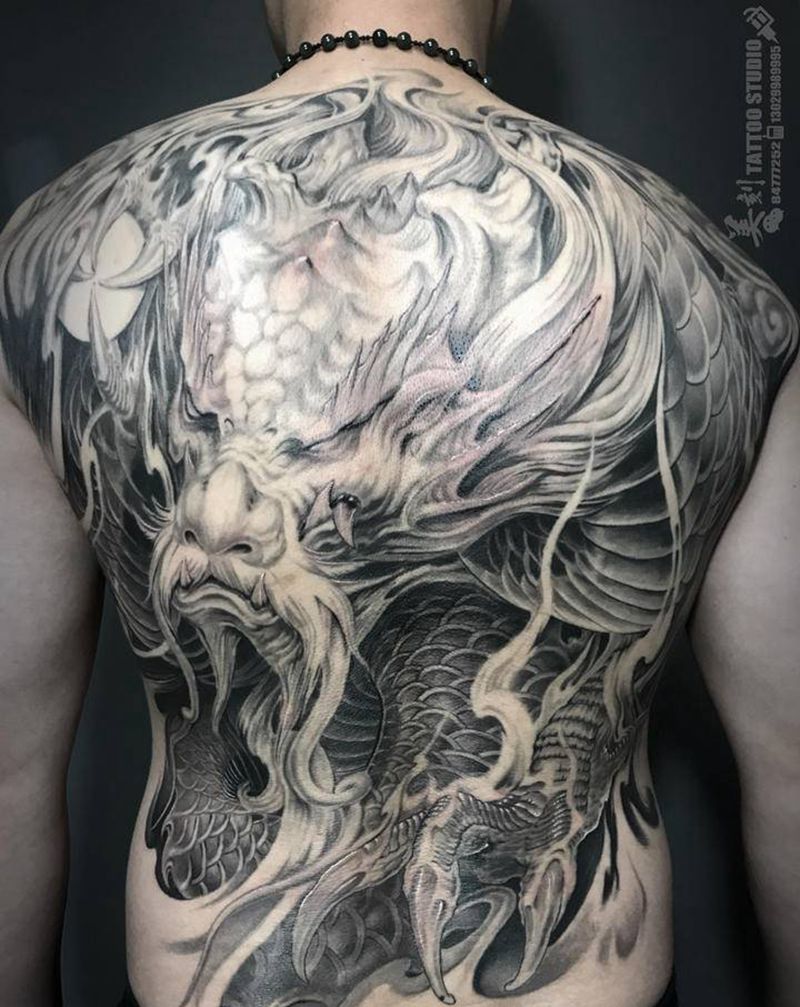 临摹岳恒老师作品《龙炽》纹身图片_背部新传统欧美写实纹身图案